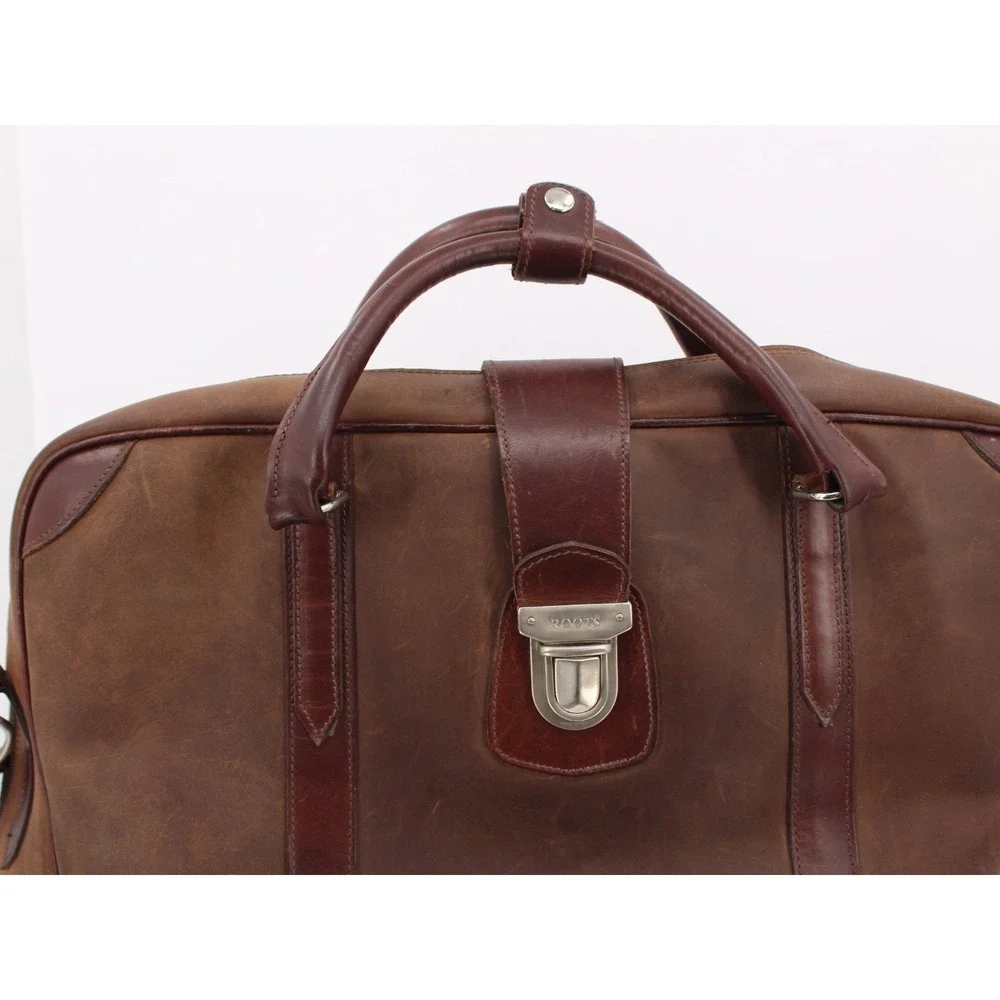 Roots Brown Leather Duffle Bag David E Kelley Productions Weekender Travel Bag